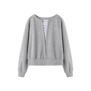 XWI欣未通勤百搭条纹拼接云朵棉卫衣女2026年春季假两件显瘦上衣