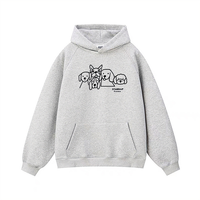 STA旗舰店美式趣味小狗印花连帽卫衣男女潮牌高街重磅灰色外套