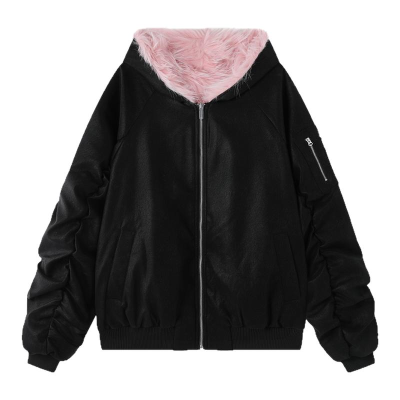 BJHG不计后果连帽棉服女款冬季新款复古pu皮设计感飞行夹克外套女