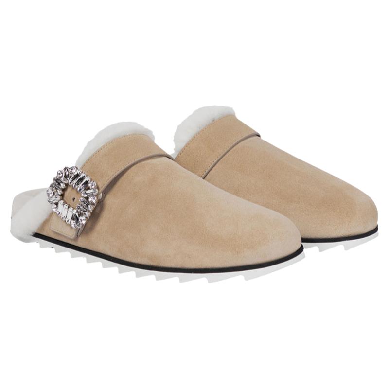 Roger Vivier/罗杰维维亚女士秋冬米色绒面水晶饰扣保暖居家拖鞋