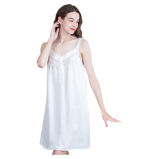 美标睡衣女100%真丝夏性感蕾丝吊带背心无袖睡裙白色桑蚕丝家居服