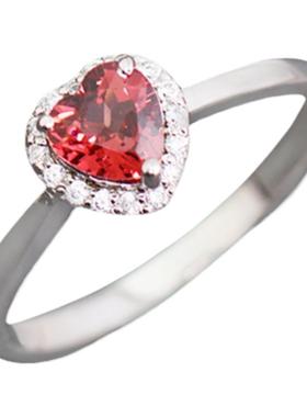 经典爱心天然石榴石925纯银镀18K白戒指围锆石温柔通勤直播拿货