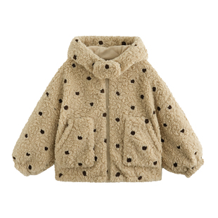 砚台家童装女童毛绒绒加厚连帽外套冬装新款儿童保暖加绒洋气上衣