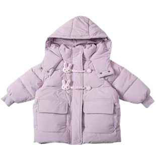 女童可爱兔子连帽棉服女孩宝宝中小童加绒加厚保暖棉袄中长款外套