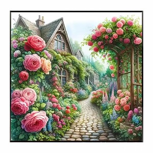 2026年新款钻石画方钻玫瑰花园欧式小屋粘砖贴点钻十字绣满钻卧室