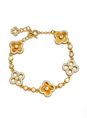 金店同款复古沙金点钻虎眼石四叶草手链镂空四叶花耳钉项链送女友