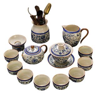 黄汝窑缠枝莲功夫茶具套装2024新款家用西施泡茶壶提梁壶盖碗整套