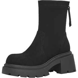 天美意厚底弹力靴长靴加绒瘦瘦靴女鞋子高筒时装靴短靴2025冬新款