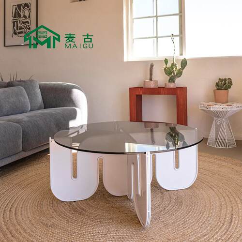 麦古 北欧极简轻奢设计创意波浪形亚克力透明玻璃茶几咖啡桌客厅