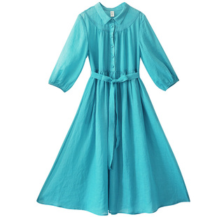 【雨染花池】夏季衬衫领苎麻连衣裙女新款文艺精致系带长裙仙气裙