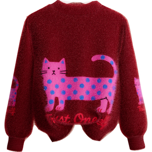 【断码清仓】手绘猫女童水貂绒毛衣2026马年新款上衣红色拜年服厚