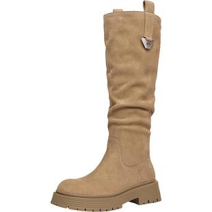 天美意复古西部靴加绒骑士靴长靴女鞋子厚底高筒堆堆靴冬新款