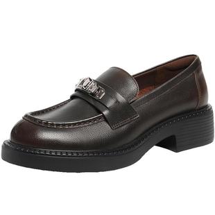 百丽复古平底乐福鞋女2026春季新款黑色小皮鞋深口单鞋子F2G1DAA6