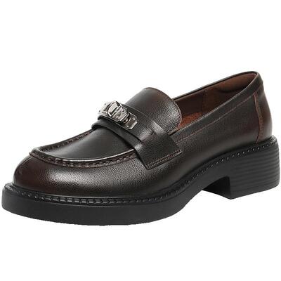 百丽小银扣乐福鞋女2026新款复古黑色小皮鞋深口单鞋子F2G1DAA6预