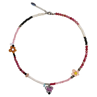 「新年礼物」蝴蝶吊坠多巴胺彩色陶瓷粉玛瑙手工串珠项链可爱女