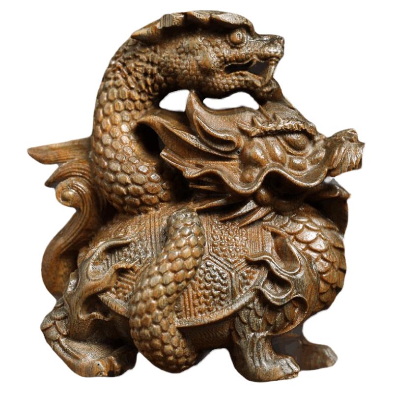 天然绿檀木雕刻玄武龙龟蛇吉祥物木雕手把件摆件中式文玩小摆件