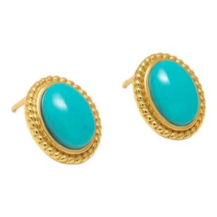 龙丰绿松轩S925银镀18K金珠宝正品天然绿松石耳钉旦形女款耳饰