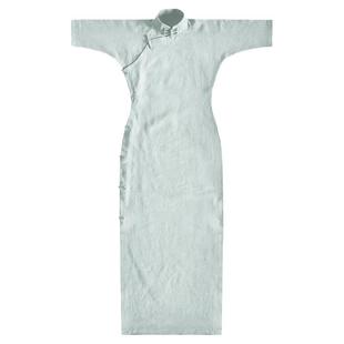 【告别价 7 折】四分连袖无省道全开襟长款纯色砂洗亚麻旗袍 青城