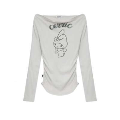 韩系辣妹一字领褶皱收腰长袖T恤