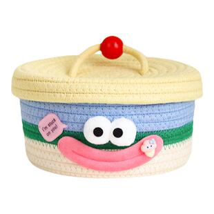 可爱桌面收纳盒化妆品零食收纳筐多巴胺办公置物盒棉线编织储物篮