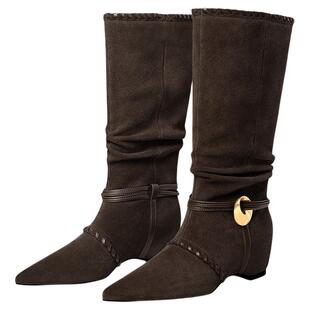 星期六复古西部靴女2025秋冬尖头中筒靴内增高英伦风不过膝骑士靴