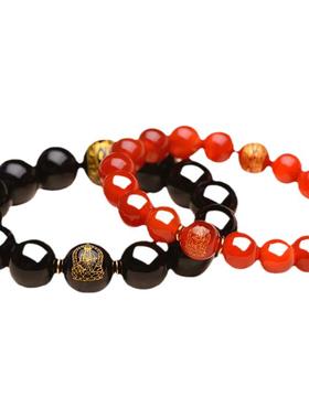 天然黑曜石红玛瑙本命年手链