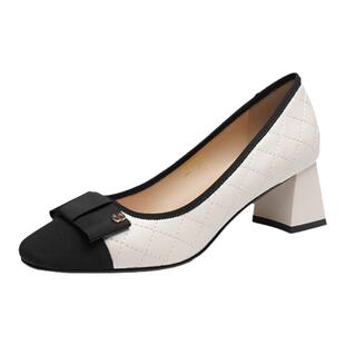 红蜻蜓粗跟单鞋女春季新款女鞋超软羊皮妈妈婚宴皮鞋小香风高跟鞋