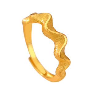 新款镀金波浪绸缎戒指鎏金波光粼粼素圈尾戒仿真黄金色水波纹戒