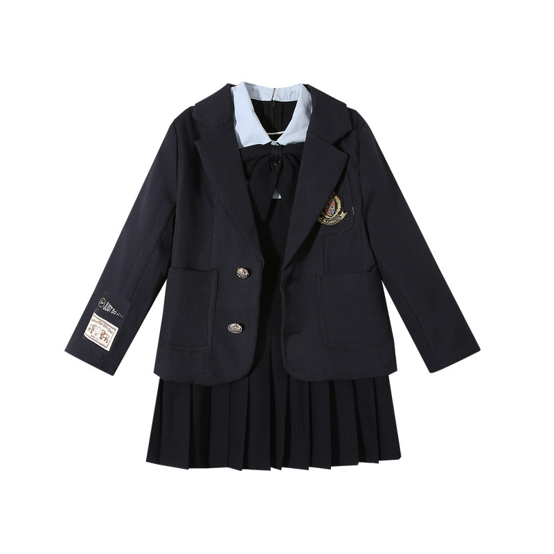 女童学院风套装春秋新款女孩西装外套假两件连衣裙班服团体演出服