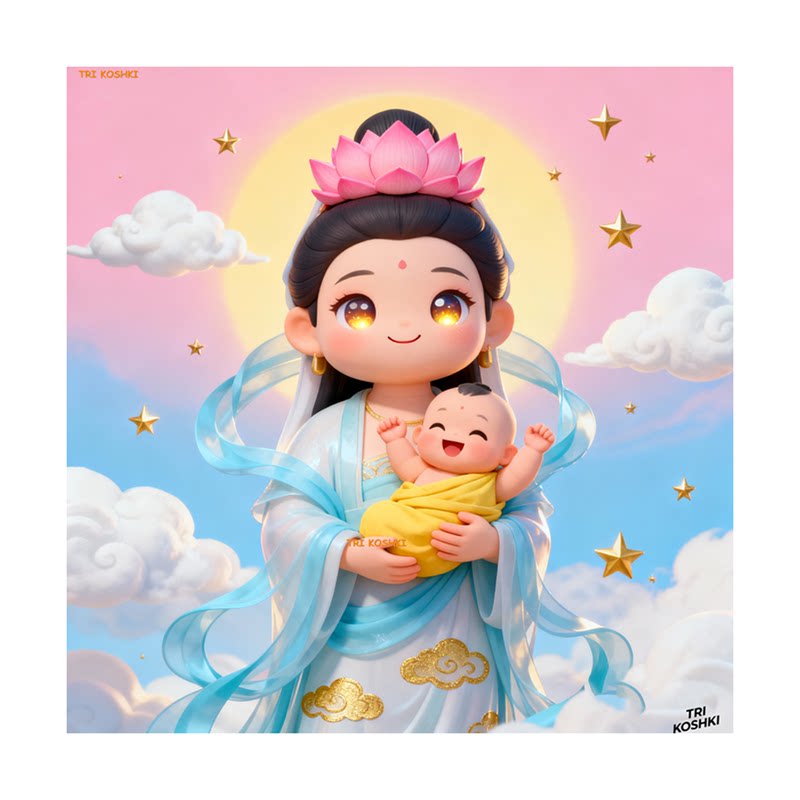 可爱观音送子贴画自粘墙贴新房婚房床头结婚布置观音娘娘墙贴自粘