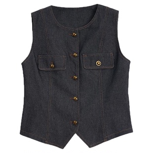 利达 NEW DADADA【铜扣牛仔】马甲女时髦洋气小个子短款修身背心