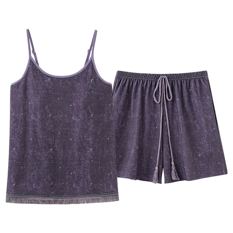 HEARMES 睡衣女夏季纯棉吊带凉感大码带胸垫深紫月牙套装家居服