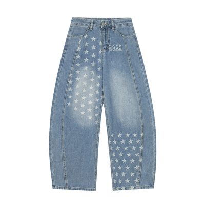 美式复古水洗星星印花牛仔裤