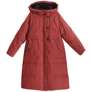 红格子连帽羽绒服女冬季加厚外套