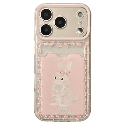 Pink cartoon rabbit card holder soft case适用iphone 11 12 13 14 15 16 17 pro max XR XS MAX 7 8 PLUS