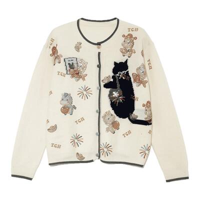 TCH【100%绵羊毛】秋冬新款百搭时尚烫钻长袖针织开衫T75D43E1118