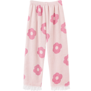 思莉太太睡裤女长裤珊瑚绒加厚加绒秋冬季韩系甜美蕾丝毛茸茸裤子