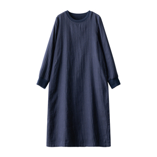 梭家|细碎思念|文艺复古小圆领加绒蓝底灰条纹亚麻棉中长连衣裙