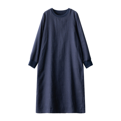 小圆领加绒蓝底灰条纹连衣裙
