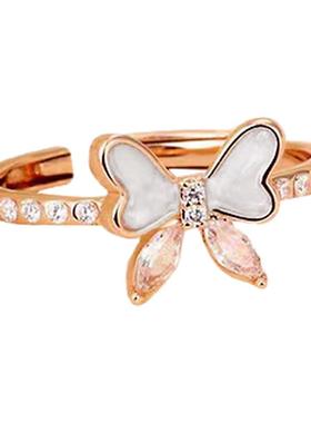 周珍珍甜美公主小众18K蝴蝶结珍珠开口交叉戒指轻奢指环食指戒