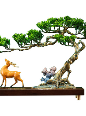 松鹿映月铜迎客松摆件国风好礼