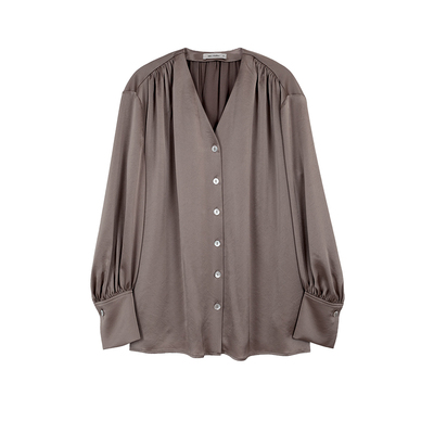 MRS Studios 早秋日本進口重磅三醋酸V领衬衫+压皱不规则半裙套装