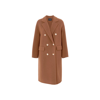 AUM噢姆冬季棕色双面羊毛毛呢长款双排扣大衣外套女