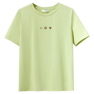 Amii冰瓷棉圆领短袖T恤女夏季2025新款几何元素装饰直筒弹力上衣