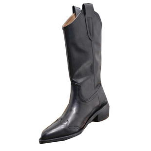 现韩国东大门靴子秋冬加绒尖头套筒西部靴方跟复古中筒靴切尔西靴