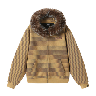 Dangerouspeople薛之谦dsp休闲条纹加绒卫衣潮牌复古毛领连帽外套