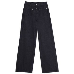 【自营】ELLE高腰复古宽松直筒牛仔裤女2024冬季新款气质纯棉裤子