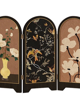 新中式中古风飞鸟屏风桌面摆件茶桌家居装饰品复古艺术客厅摆画