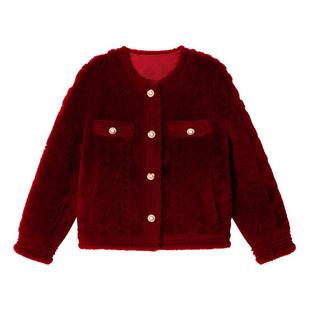 【中国红】Goodland美地女装冬季小香风短款保暖环保羊毛皮草外套