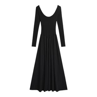 赫本风长袖针织连衣裙女高级感修身收腰气质拼接方领后妈a字长裙